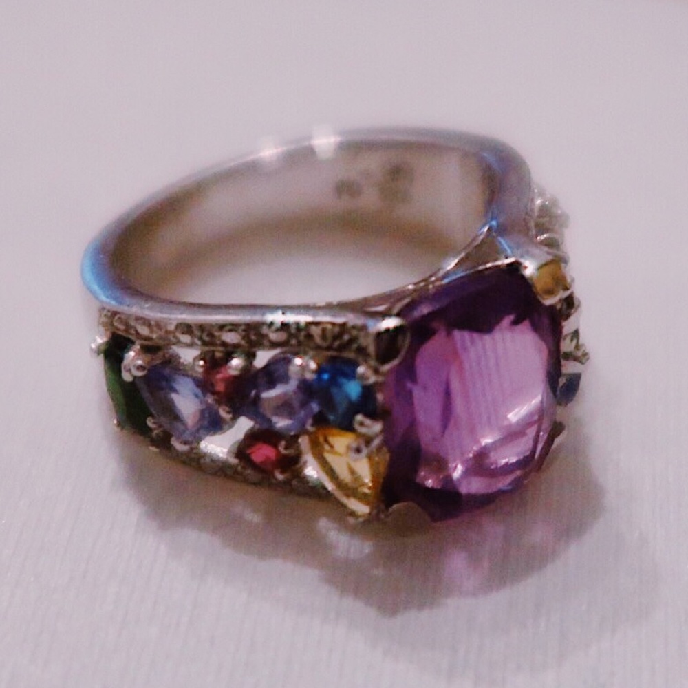 Silver Amethyst Jewel Toned Ring, Size 7